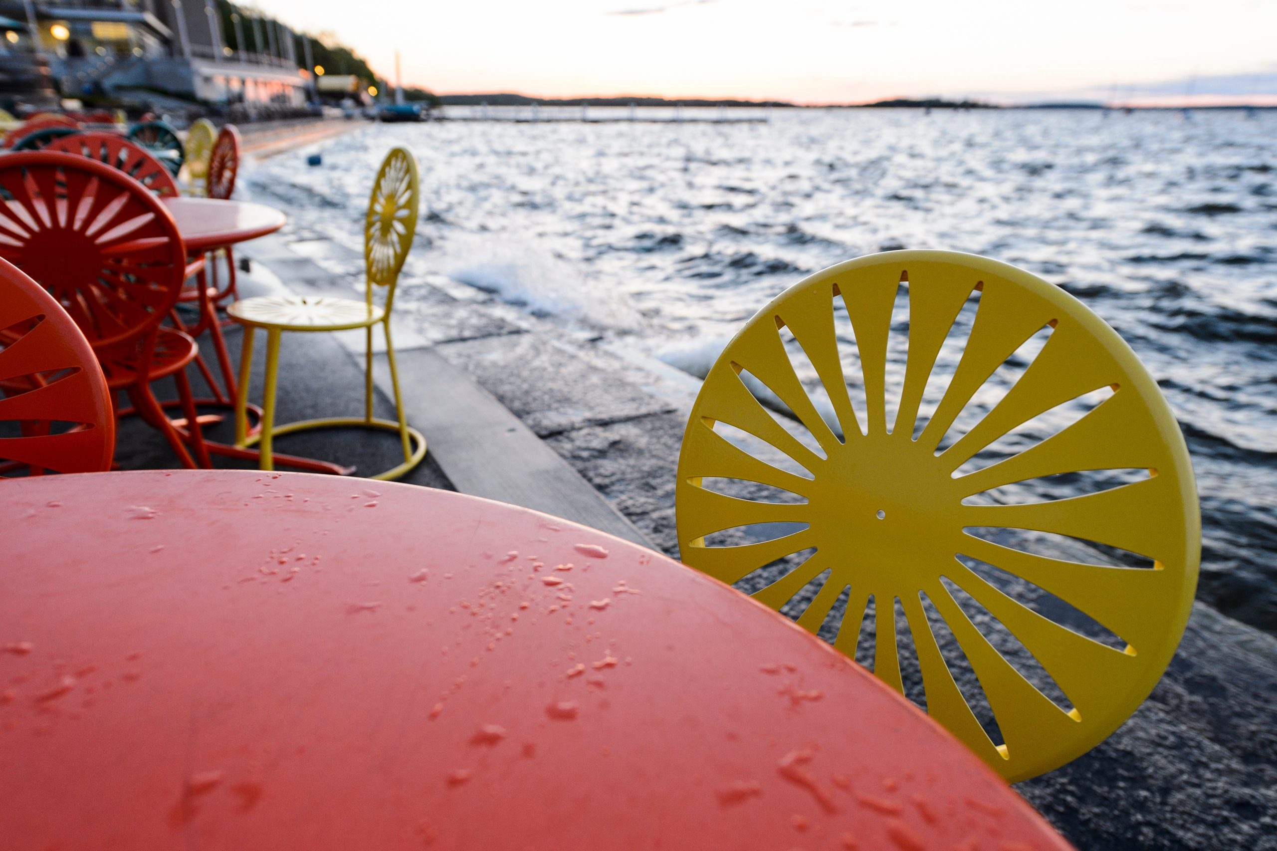 Memorial Union chairs after rain.